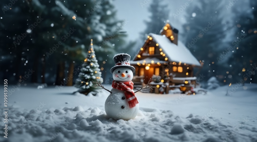 Obraz premium Christmas background. Christmas theme with snowman. Christmas card with Christmas tree on night snowy background.