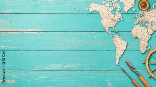 Global SEO keywords concepts. A colorful world map on a turquoise wooden background, accompanied by navigational tools, evoking themes of travel and exploration. photo