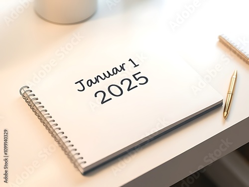 New year celebration preparation with a calendar marked January 1, 2025 on a minimalistic desk. Generative AI photo