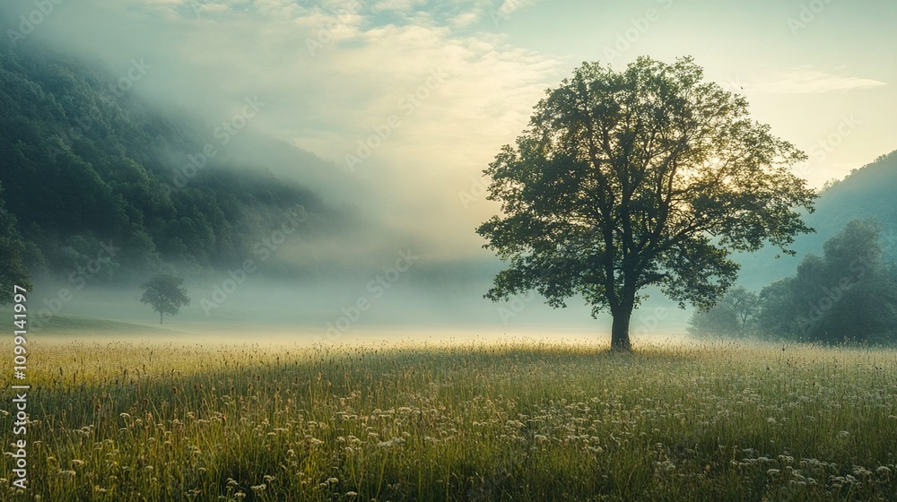 Obraz premium Misty Sunrise Landscape with Solitary Tree and Wildflowers
