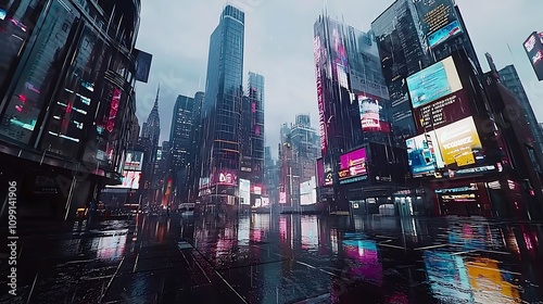 Rainy Night Cityscape  Futuristic Urban Street Scene