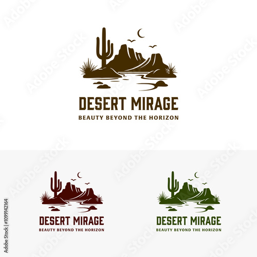 Desert Mirages logo featuring cactus mountains and tranquil oasis. Ideal for travel agency, outdoors brand, or nature themed business. EPS Layered Vector File