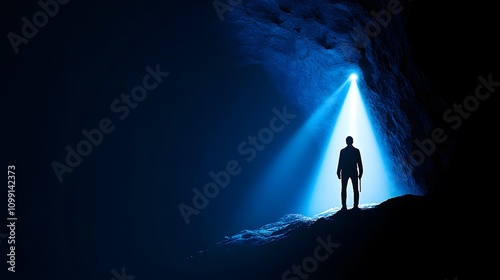 A person standing at the entrance of a cave with a flashlight in hand symbolizing the courage to start a new journey into the unknown