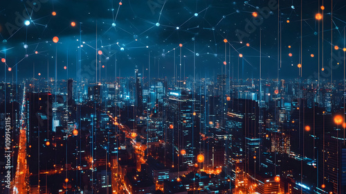 Wallpaper Mural A futuristic city with glowing digital network connections, symbolizing smart cities and technological advancements. Torontodigital.ca