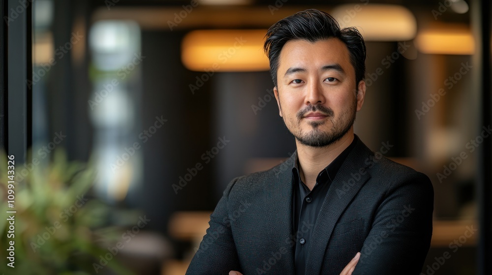 Fototapeta premium A confident man in a black suit poses in a modern office setting.