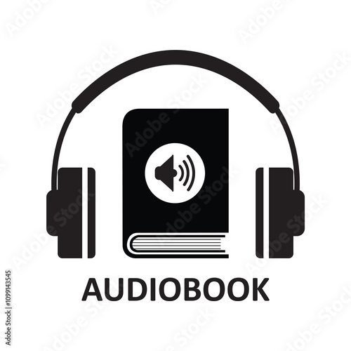 Book, headphones and volume sign. Audiobook black simple icon. This audio book logo symbolizes the merging of literature and sound, perfect for any audiobook service