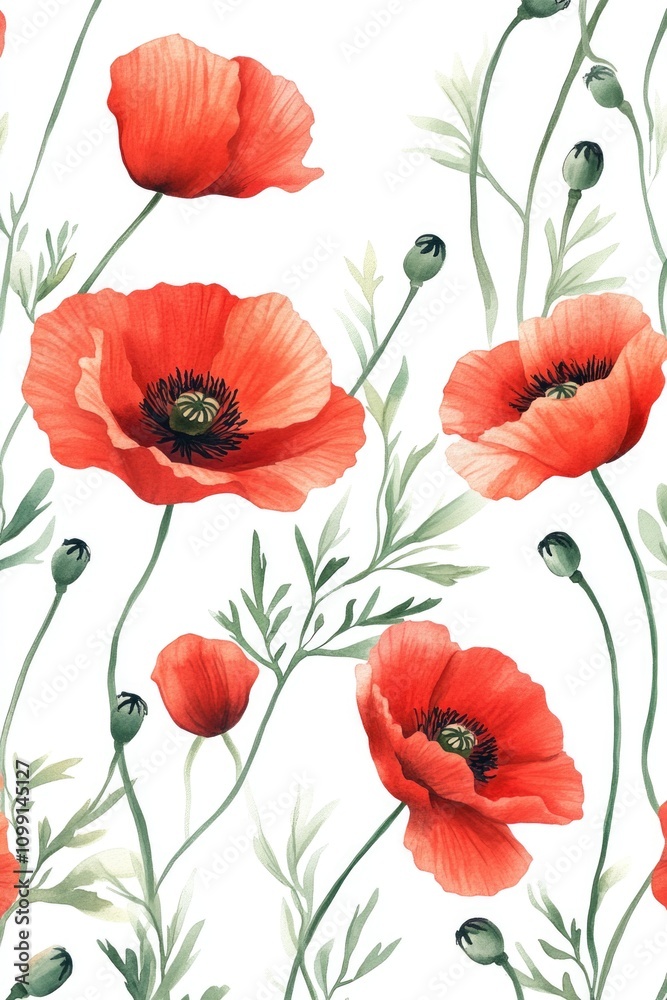 Obraz premium Red Poppies White Background