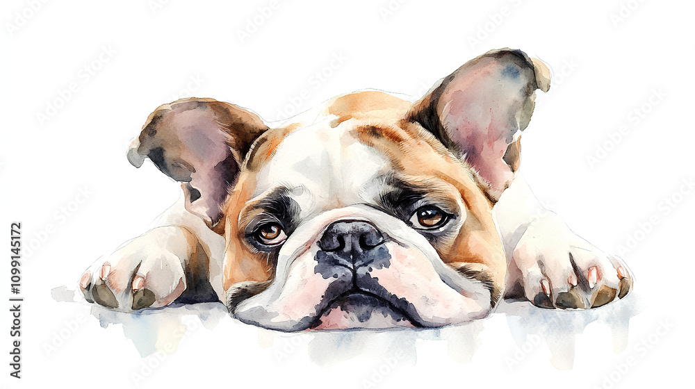 Fototapeta premium A watercolor Bulldog lying with its head tilted slightly, as if daydreaming, painted softly on a white background