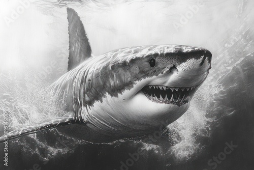 Majestic Great White Shark Underwater Drawing photo