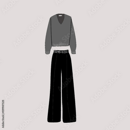 Women's and men's clothing sets. Gray sweater and straight trousers. Don't forget the belt to add a casual impression. Vector illustration.