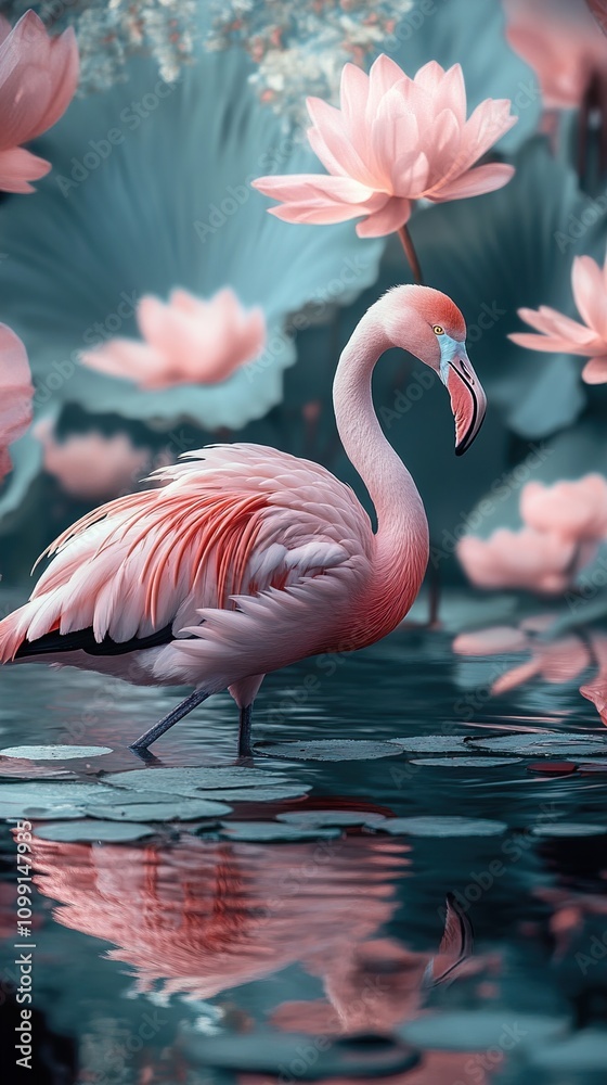 Fototapeta premium Flamingo in a Lotus Pond: A Serene Wildlife Scene