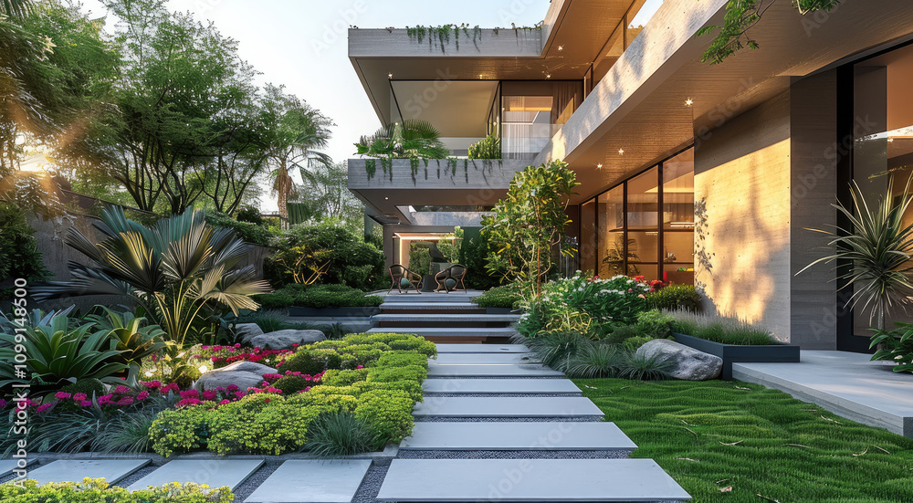 Fototapeta premium Exterior landscape design for a ground floor house with some terraces.