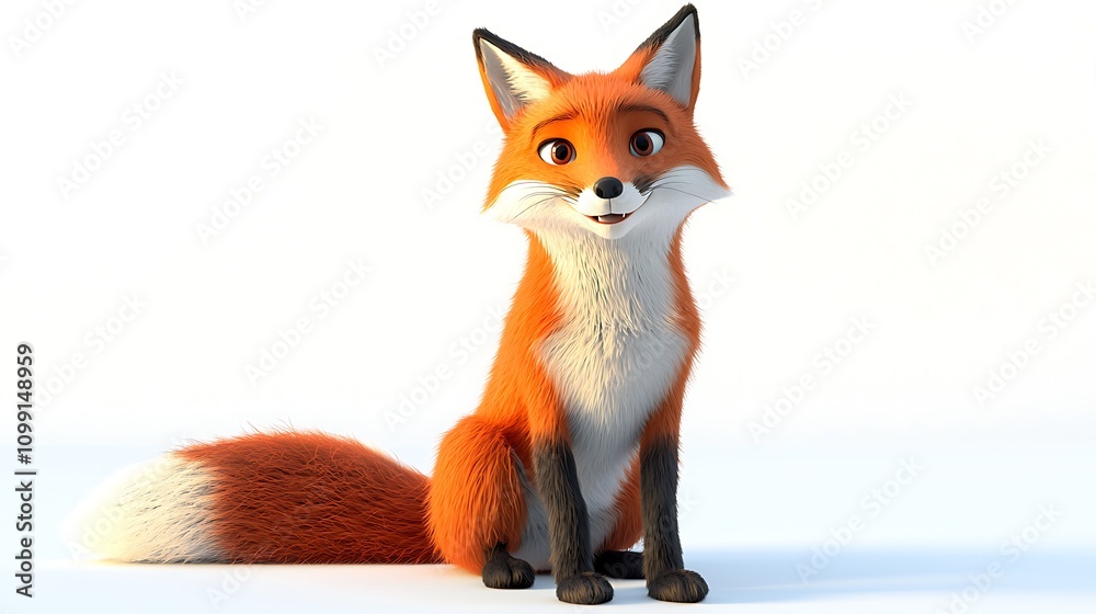 Obraz premium Cute Cartoon Fox D Render Fluffy Tail Sitting