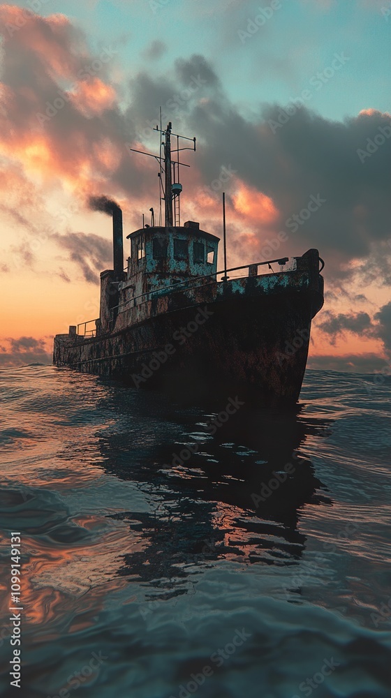 Fototapeta premium Sunset Over the Ocean with a Rusty Shipwreck