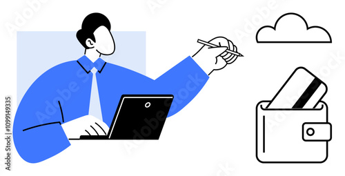 Businessperson using laptop, extending hand with credit card stylus towards cloud and wallet. Ideal for digital transactions, online banking, e-commerce, financial technology, remote work, business