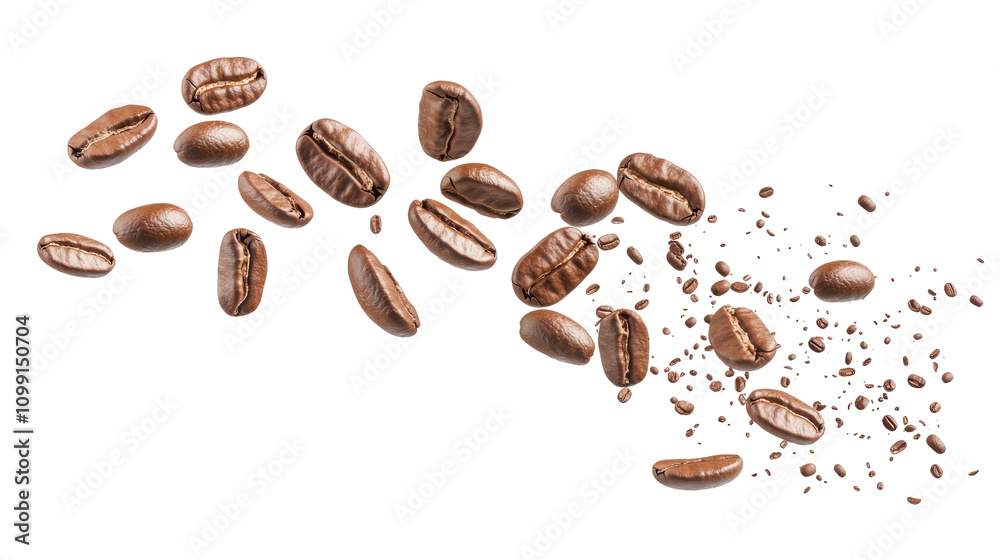 Obraz premium Floating roasted coffee beans on transparent background nature food concept