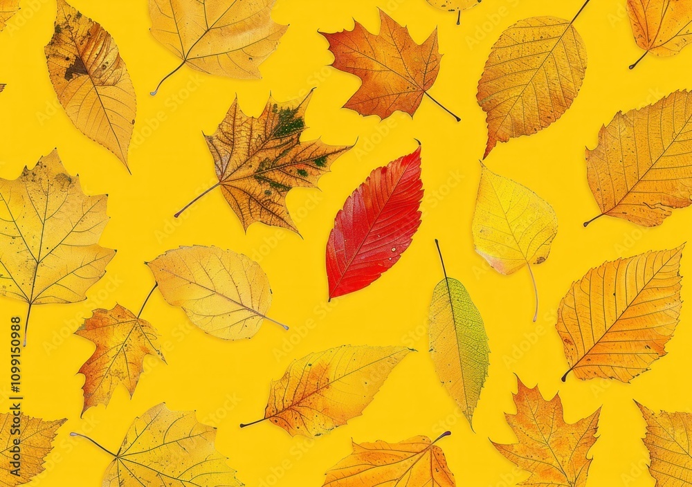 Obraz premium Autumn leaves background, vibrant yellow hue, featuring a mix of colorful leaves, including red, orange, and yellow A perfect season depiction for nature themes