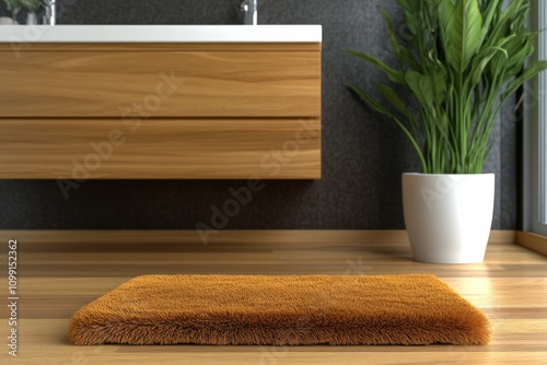 Soft orange bath mat on wooden floor with modern bathroom decor and green plant photo