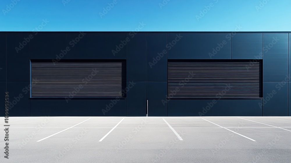 Obraz premium Minimalist industrial building with large windows and empty parking lot.