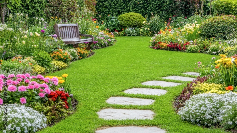Fototapeta premium Vibrant Flower Garden with Pathway and Bench