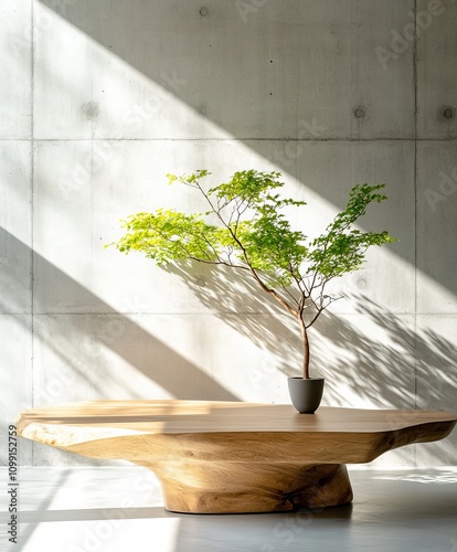 Wooden Table with Potted Plant in Bright Sunlit Room photo