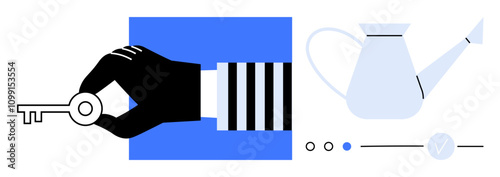 Hand holding a key for unlocking potential, beside a watering can for nurturing growth. Ideal for business strategy, startup culture, personal development, investment, innovation, gardening
