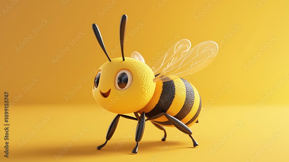 Fototapeta premium Cute Cartoon Bee D Render Yellow Background