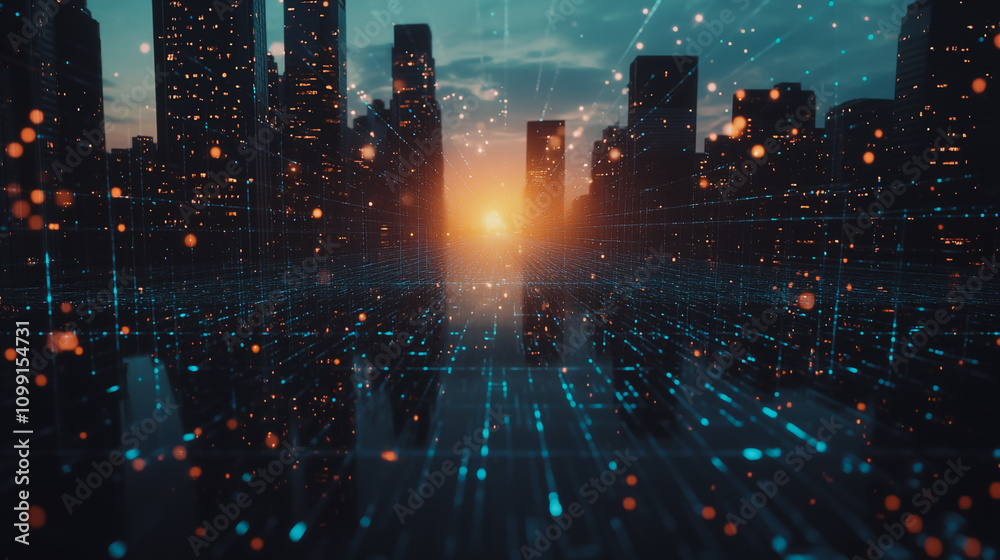 Obraz premium Smart digital Innovation city with connection network reciprocity over the sunset cityscape. of future wireless digital city and social media networking systems that connects people with in city