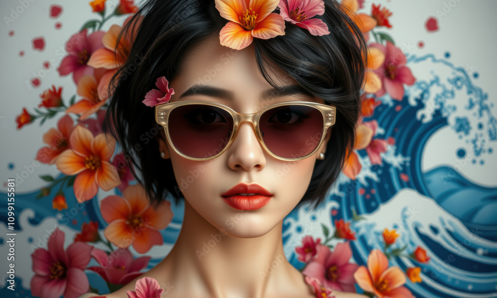 Fototapeta premium woman wearing sunglasses surrounded by floral and wave art, exuding vibrant and artistic vibe. Her expression is confident and stylish, blending nature with fashion