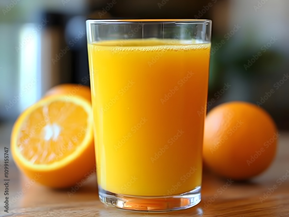 Fototapeta premium A vibrant glass of fresh orange juice next to whole oranges, showcasing a refreshing and healthy drink option.