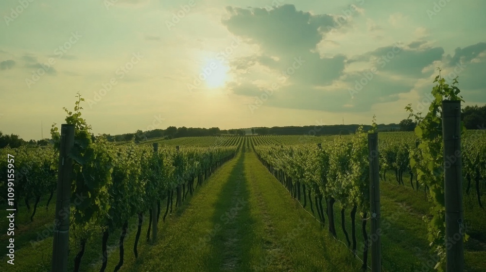Naklejka premium Serene Vineyard Landscape at Sunset Under Cloudy Sky