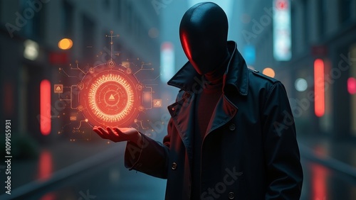 Faceless humanoid figure in a trench coat holding a glowing holographic interface in a dark urban setting