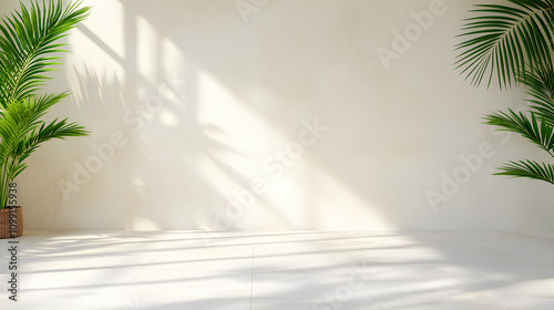 Minimalistic Light Beige Background with Window and Vegetation Shadows