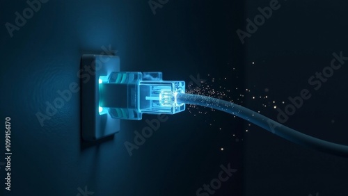 Illuminated unplugged network cable displaying severed data streams in a minimalist dark room