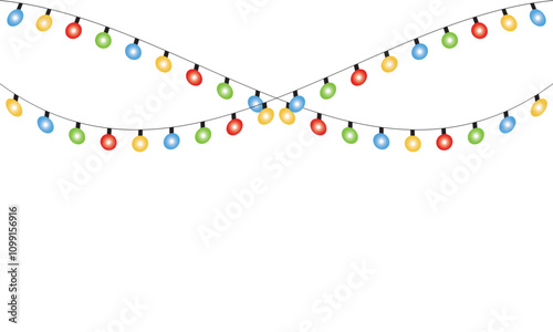 Christmas Lights Isolated on  background. Festive Colorful Christmas Lights String Decoration.  Vector illustration. Graphic for Christmas Cards, Banners, Poster, Web, Social Media. EPS 10