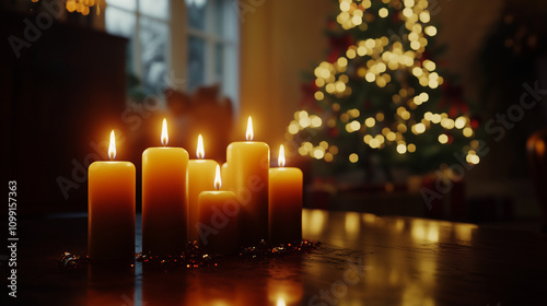 A cinara with  lit candles in the living room, the background is a Christmas tree decorated with sparkling ornaments, Ai generated images photo