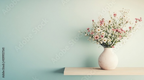 A simple vase with flowers on a wooden shelf against a soft blue wall.