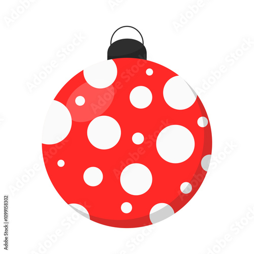 Red christmas ball with polka dot pattern isolated on white background. Vector element for design, decor, sticker, icon.
