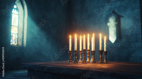 Kinara with seven candles lit on a wooden table, the candlelight creates soft shadows on the simple church wall, Ai generated images photo