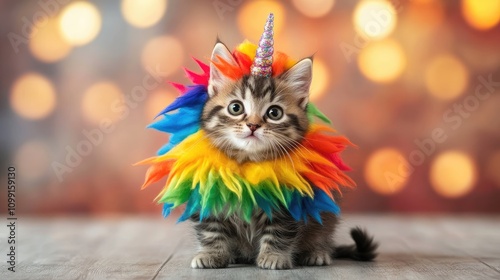 Playful unicorn cat in colorful costume indoor setting pet photography vibrant background whimsical concept for social media appeal