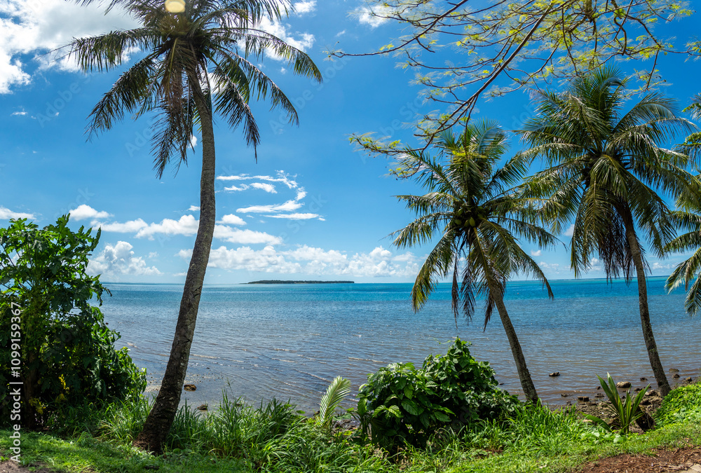 Obraz premium Serene tropical ocean view with palm trees and clear blue skies at midday
