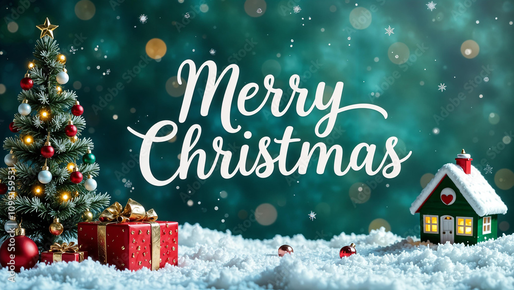 Christmas holiday background photography with white Handwriting thin Letters Merry Christmas over Christmas background with small snow Christmas tree, small houses, gifts and ball