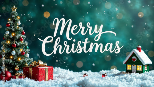 Obraz na płótnie Christmas holiday background photography with white Handwriting thin Letters Merry Christmas over Christmas background with small snow Christmas tree, small houses, gifts and ball w salonie