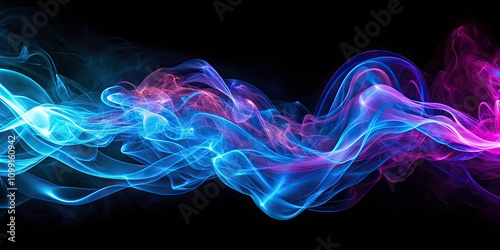 Abstract Neon Lines in Smoke - Aerial Photography of Bright Blue and Purple Light Trails on Black Background for Modern Art and Background Design