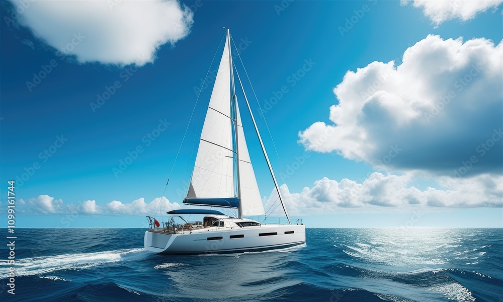 Fototapeta premium Sailing yacht on open sea with blue sky and puffy clouds