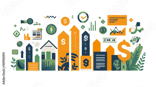 Financial development in business, showcasing increasing profit growth with upward trending graphs, currency symbols, and corporate imagery.