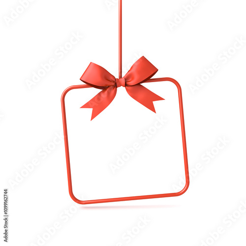 Hanging gift box or red present frame border mockup isolated on white background with shadow minimal creative idea concepts 3D rendering photo