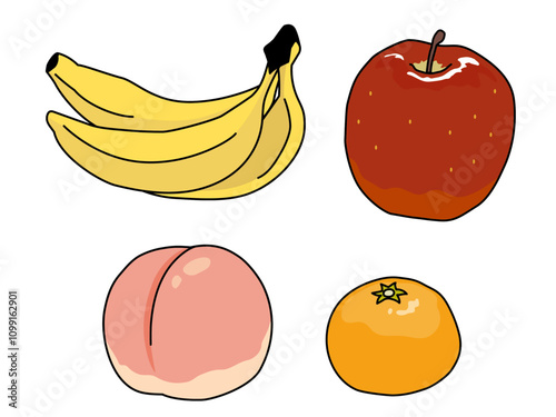 バナナとリンゴと桃とみかんのフルーツイラストセット　主線あり