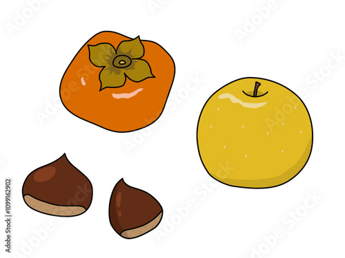 シンプルな柿と梨と栗のイラストセット　主線あり
