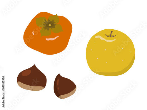 シンプルな柿と梨と栗のイラストセット　フラットテイスト
